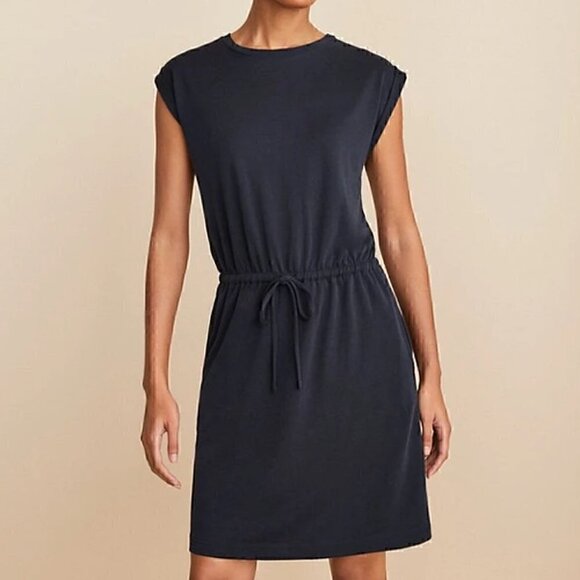 ANN TAYLOR LOFT Outlet Solid Black Cuffed Short Sleeve Drawstring Waist Dress XS - Picture 3 of 14